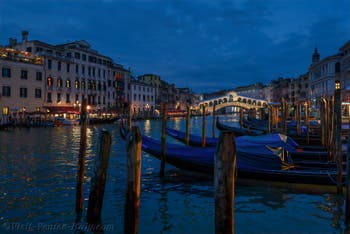 Gondolas on Venice's Grand Canal with the Rialto Bridge