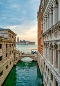 The sight from the Bridge of Sighs of the Straw Bridge, the Saint-Mark Basin and the Island of San Giorgio Maggiore in Venice.