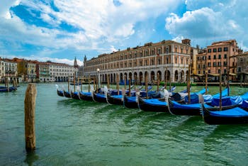 Sleeping Gondolas on Venice Grand Canal while the Coronavirus Covid Lockdown in Venice