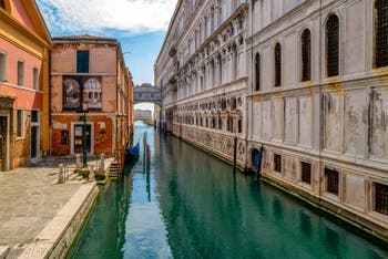The Canonica Canal and the Doge's Palace, in the background, the Bridge of Sighs, while the Coronavirus Covid Lockdown in Venice
