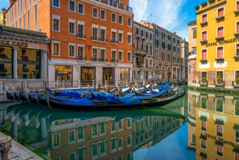 Gondolas at the Orseolo while the Coronavirus Covid Lockdown in Venice in Italy