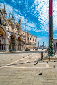 Saint-Mark Square and the Basilica while the Coronavirus Covid Lockdown in Venice in Italy