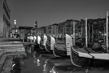 Gondolas along the Riva del Vin Bank in Venice.