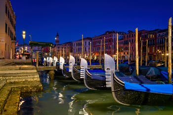 Gondolas along the Riva del Vin Bank in Venice.