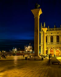 The Piazzetta San Marco Columns and the Salute Church in Venice.