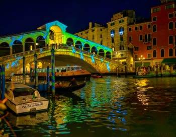 The Rialto Bridge Christmas illuminations in Venice.