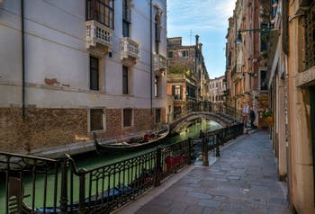 Gondolas on San Severo Canal, Tetta Bank and Cavagnis Bridge in the Castello district in Venice