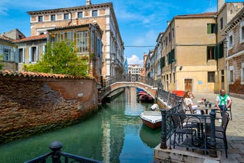 San Severo Canal, Bridge and Square in the Castello District in Venice.