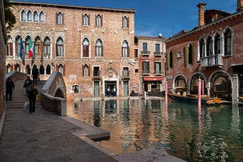 Ca' Marcello Palace and Bridge and Malcanton Canal in Santa Croce district in Venice.