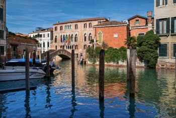 Malcanton Canal and Ca' Marcello Palace and Bridge in Santa Croce district in Venice. 