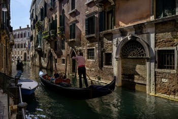 Gondola on San Severo Canal in Castello district in Venice. 