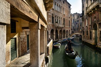 Gondolas on Ca' Widmann Canal in the Cannaregio district in Venice.