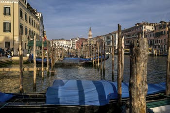 Gondolas at Riva del Vin Bank along Venice Grand Canal with the Rialto Bridge in the background.