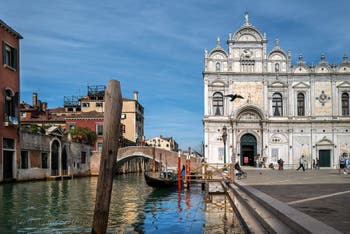 Mendicanti Canal and the Scuola Grande San Marco on San Giovanni e Paolo Square in Castello district in Venice.