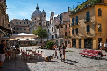 The beautiful Miracoli Church and the Santa Maria Nova Square in Cannaregio district in Venice.