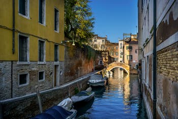 The Grimani Servi Canal and the Moro Bridge in the Cannaregio district in Venice. 