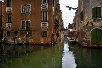 De le Torete Canal and Labia Bank seen from de la Sensa Canal in Cannaregio district in Venice.