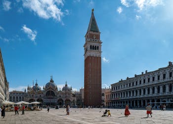Saint-Mark Place, Bell Tower and Basilica in Venice.