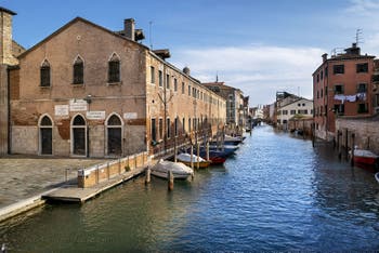Sant' Alvise Square and canal, on the left, the Canossian Sister's Convent in Cannaregio district in Venice.