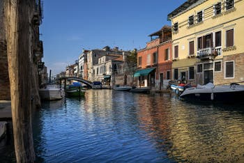 De la Sensa Canal and Bank and de la Malvasia Bridge in Cannaregio district in Venice.