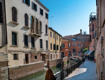 Toletta Canal and bank and del Squero Bridge in the Dorsoduro district in Venice