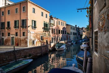 Trapolin Bank and Canal in the Cannaregio district in Venice