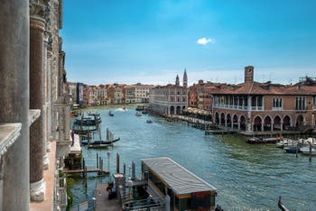 View on Venice Grand Canal and Rialto Fish Market from the Ca' d'Oro Palace.