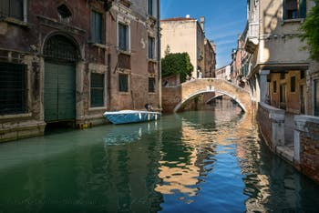 Ca' Widmann Bridge and Canal in Cannaregio district in Venice.
