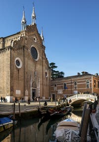 Dei Frari Basilica, Bridge and Canal in San Polo district in Venice.
