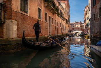 Gondola on dei Frari Canal in San Polo district in Venice.