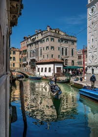 Gondola on the Mondo Novo Canal at Santa Maria Formosa in the Castello district in Venice.