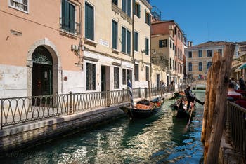 Gondola on the San Provolo Canal along the Osmarin Fondamentina Bank in the Castello District in Venice.