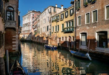 San Polo Canal and Corner Mocenigo Palace in San Polo district in Venice.