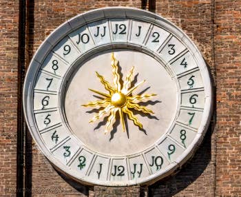 The Campanile dial of the church of dei Santi Apostoli, in the Cannaregio district of Venice.