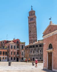 The Campanile Bell Tower of Santo Stefano in Venice in Italy