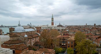 View of San Zaccaria Church and Saint-Mark Bell Tower from San Giorgio dei Greci Bell Tower in Venice