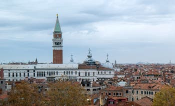 View of Saint-Mark Bell Tower and Doge's Palace from San Giorgio dei Greci Bell Tower in Venice