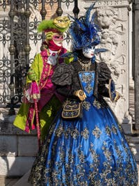 Venetian Carnival costumes and masks, Marquis and Marquise in blue and green at the Arsenal.
