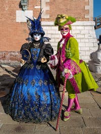 Venetian Carnival costumes and masks, Marquis and Marquise in blue and green at the Arsenal.
