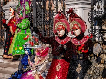 Venetian Carnival masks and costumes, birdcatchers in red and black at the Arsenal.