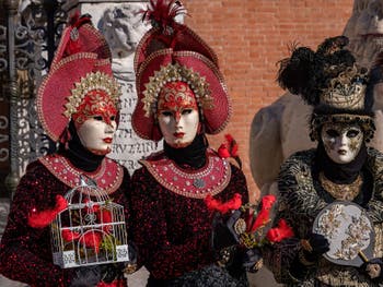 Venetian Carnival Masks and Costumes, Birds catchers in Red and Black at the Arsenal.
