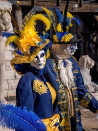 Venetian Carnival Masks and Costumes, the elegant ones in blue and yellow at the Arsenal.