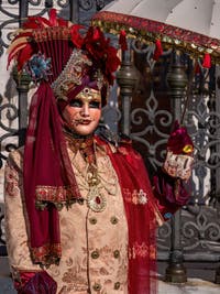 Indian Maharadja with a parasol at the Arsenal, the Masks and Costumes of the Venice Carnival.
