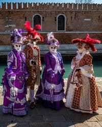 Venetian Carnival masks and costumes, encounter between Purple and Gold Nobles at the Arsenal.