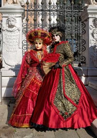 Venetian Carnival Masks and Costumes, Pretty Nobles in Red and Gold at the Arsenal.
