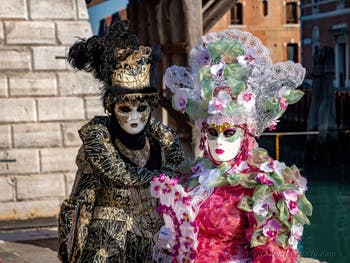 All in bloom at the Arsenal, the masks and costumes of the Venice Carnival. 