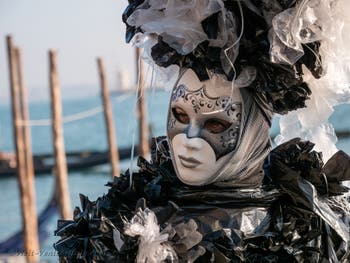 Venetian Carnival masks and costumes, Pretty black and white bouquet at Saint Marc