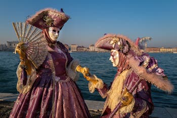 Nobles in Pink and Gold at San Giorgio Maggiore, Venetian Carnival Masks and Costumes