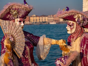 Nobles in Pink and Gold at San Giorgio Maggiore, Venetian Carnival Masks and Costumes