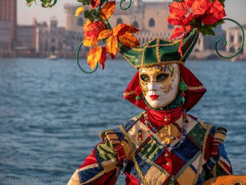 Venetian Carnival masks and costumes, minstrel at San Giorgio Maggiore